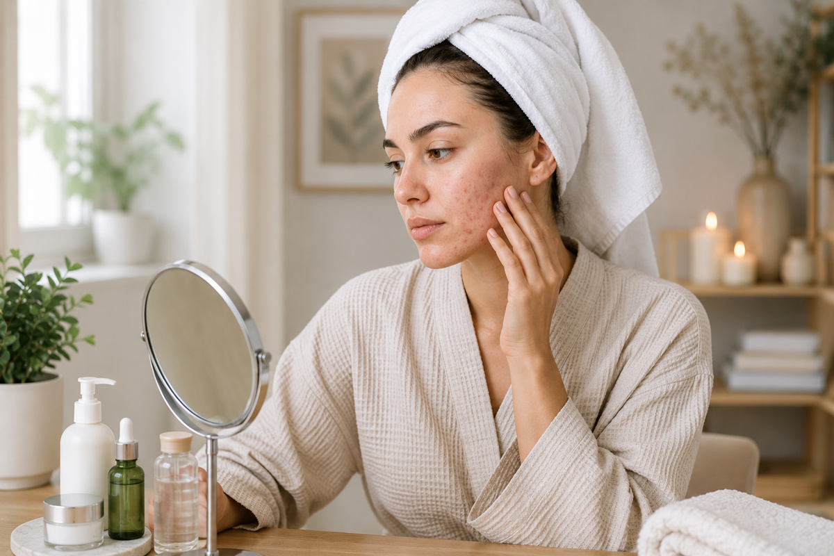 Woman in a robe examining acne on her cheek in a mirror beside skincare products — understanding acne and the path to healthier skin