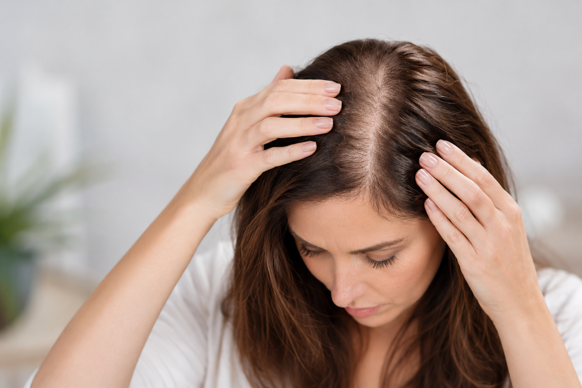 Woman parting her hair to examine thinning and a widening parting at the crown — understanding the causes and treatment options for hair loss