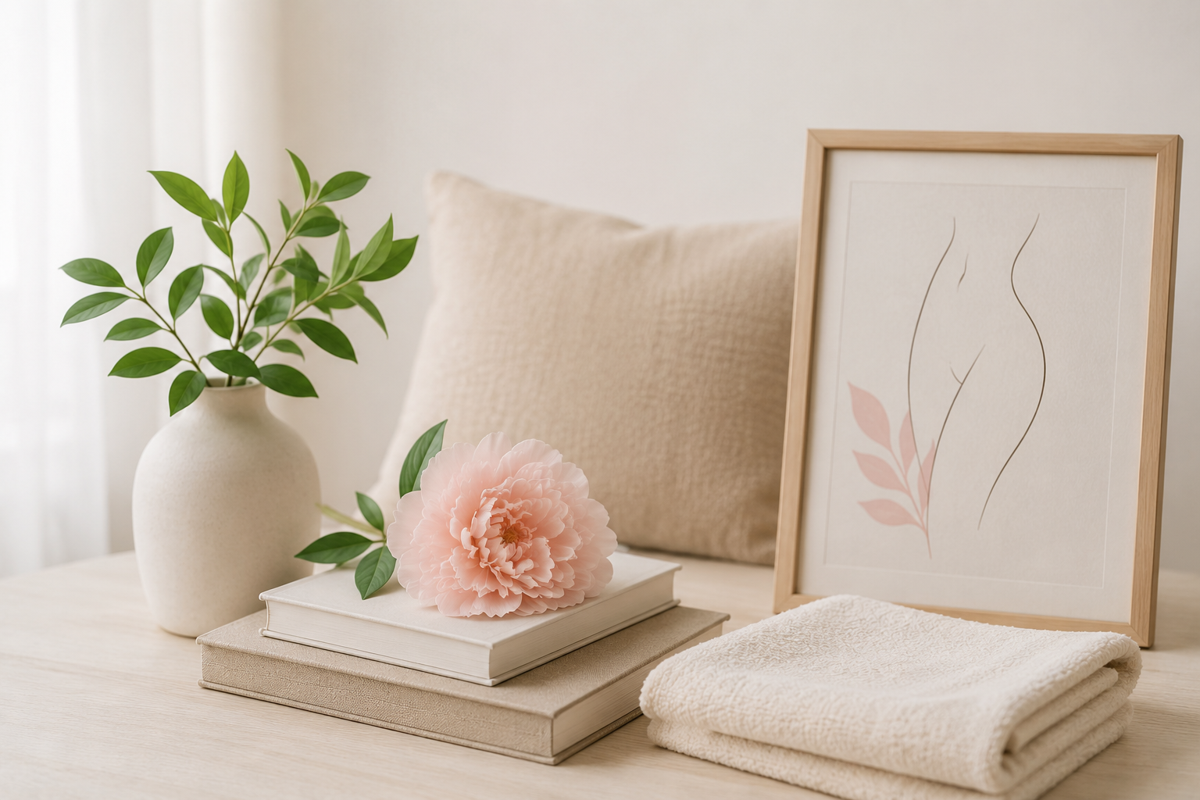 Calm, spa-like setting with a soft pink peony, folded towel and a framed line drawing of the female form — intimate rejuvenation and non-surgical aesthetic options for women