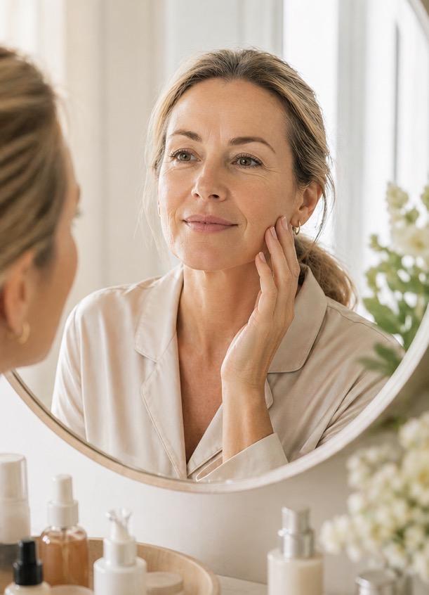 Woman in her 40s reviewing her skincare routine in the mirror